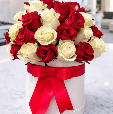 RED AND WHITE ROSES IN A WHITE BOX