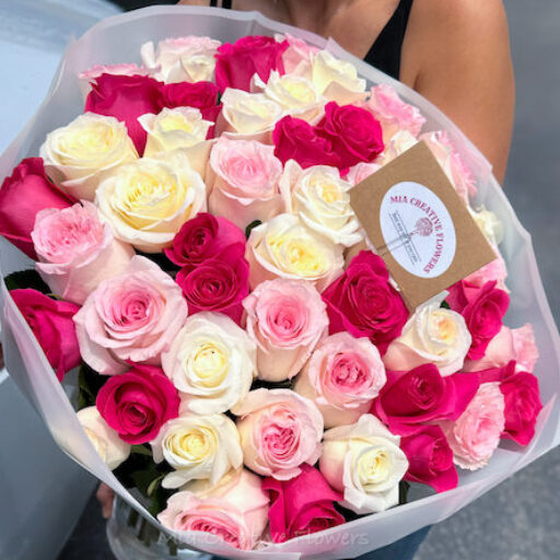 Premium Hot Pink and Hot pink/Pink/White Long Stem Roses 60cm